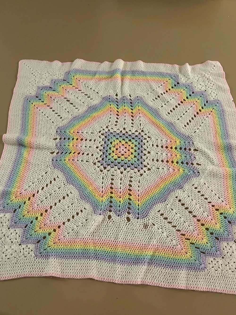 Vintage Handmade Pastel Rainbow Crochet Blanket - White & Multicolor